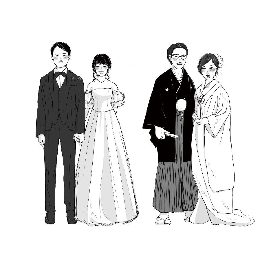 新郎新婦 似顔絵 イラスト ／ モノクロ1枚目の画像